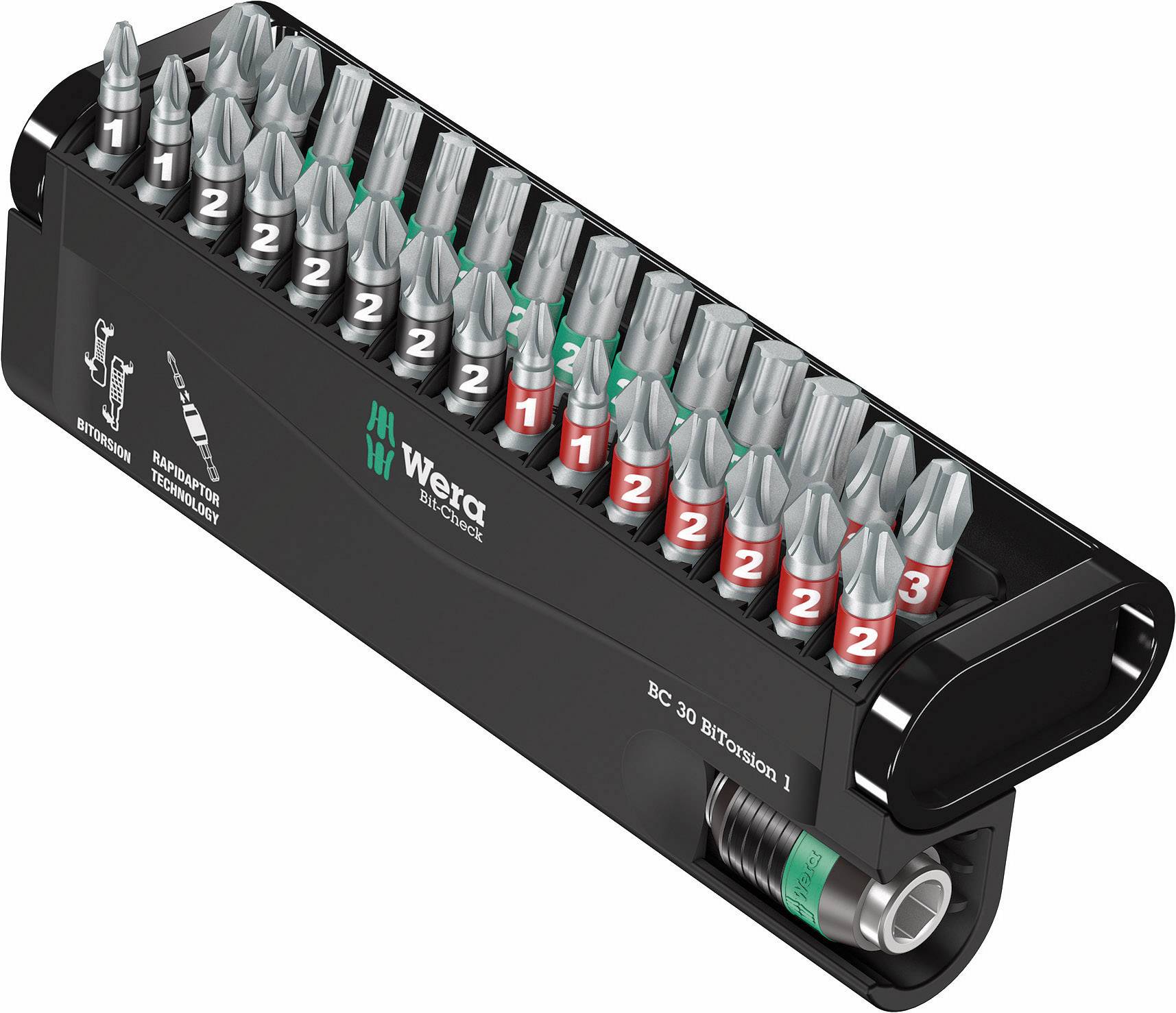 A bit set with various screwdriver bits, numbered 1 to 3, in a black holder by Wera.