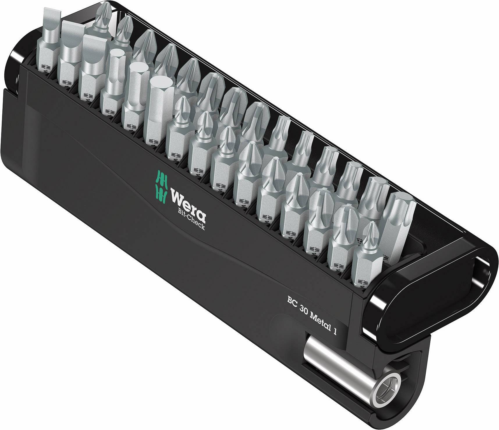 A set of 30 metal bits in a black holder by Wera, suitable for screwdrivers, standing upright.
