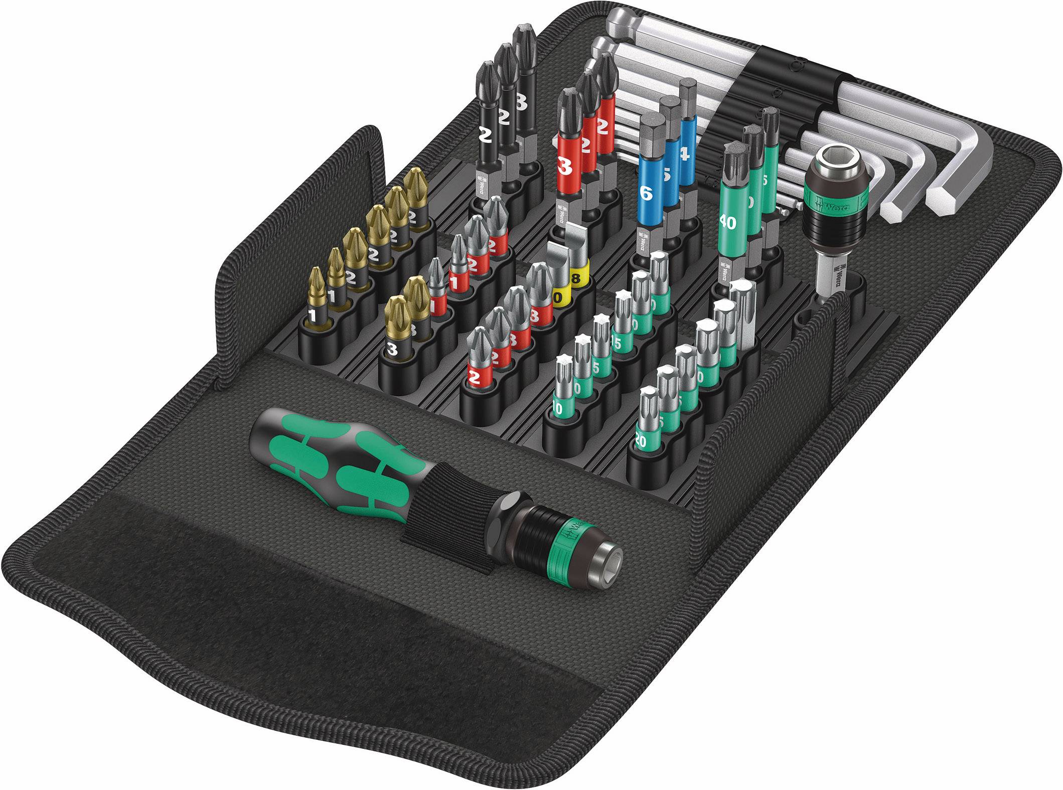 Set of screwdriver bits and socket keys in an open case pouch, with colour-coded sizes for easy differentiation.