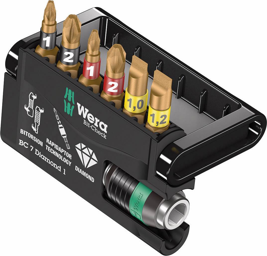 Handy screwdriver bit organiser with seven bits, numbered for organisation, in various sizes and colours for different applications.