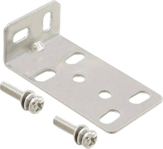 Metal angle bracket with multiple fixing holes and two screws, suitable for mounting or securing purposes.