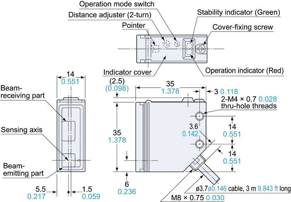Technical drawing of a sensor with dimensional specifications and labels. Elements: Operating mode switch, distance settings, stability and operational indicators, display cover, screw connections.