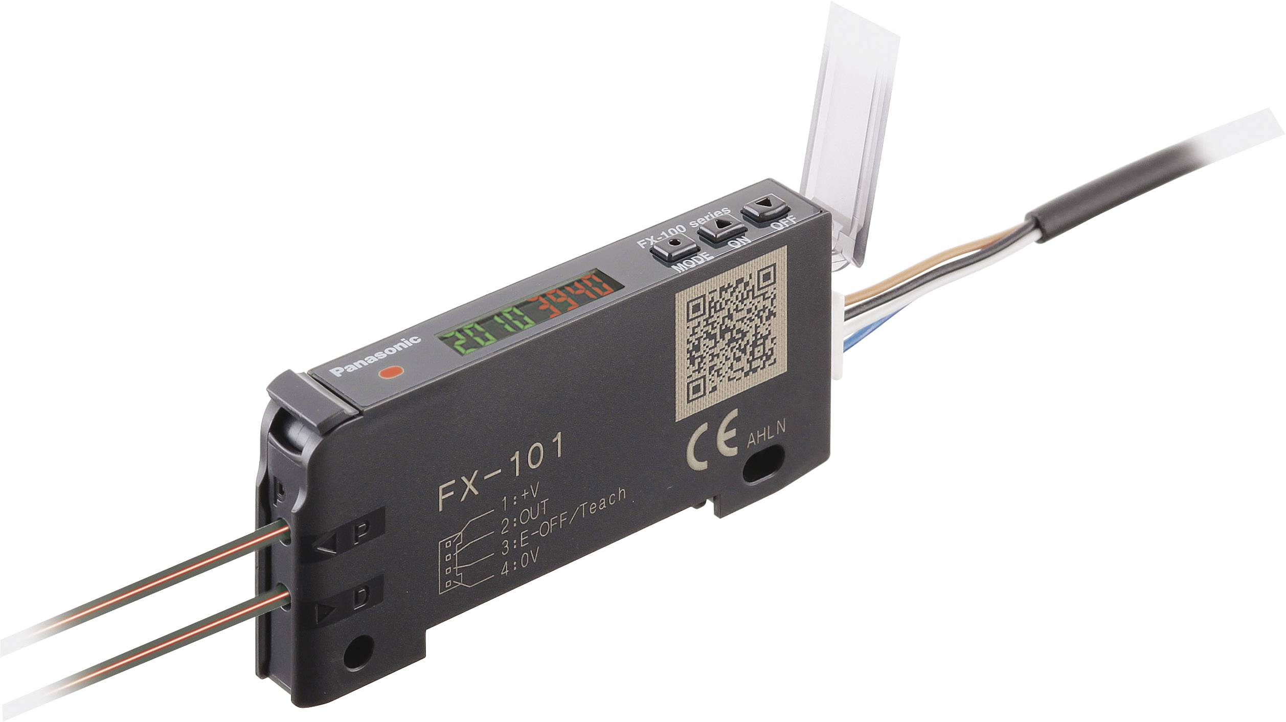 Panasonic sensor module FX-101 with connection wires and digital display. QR code and control buttons are visible.