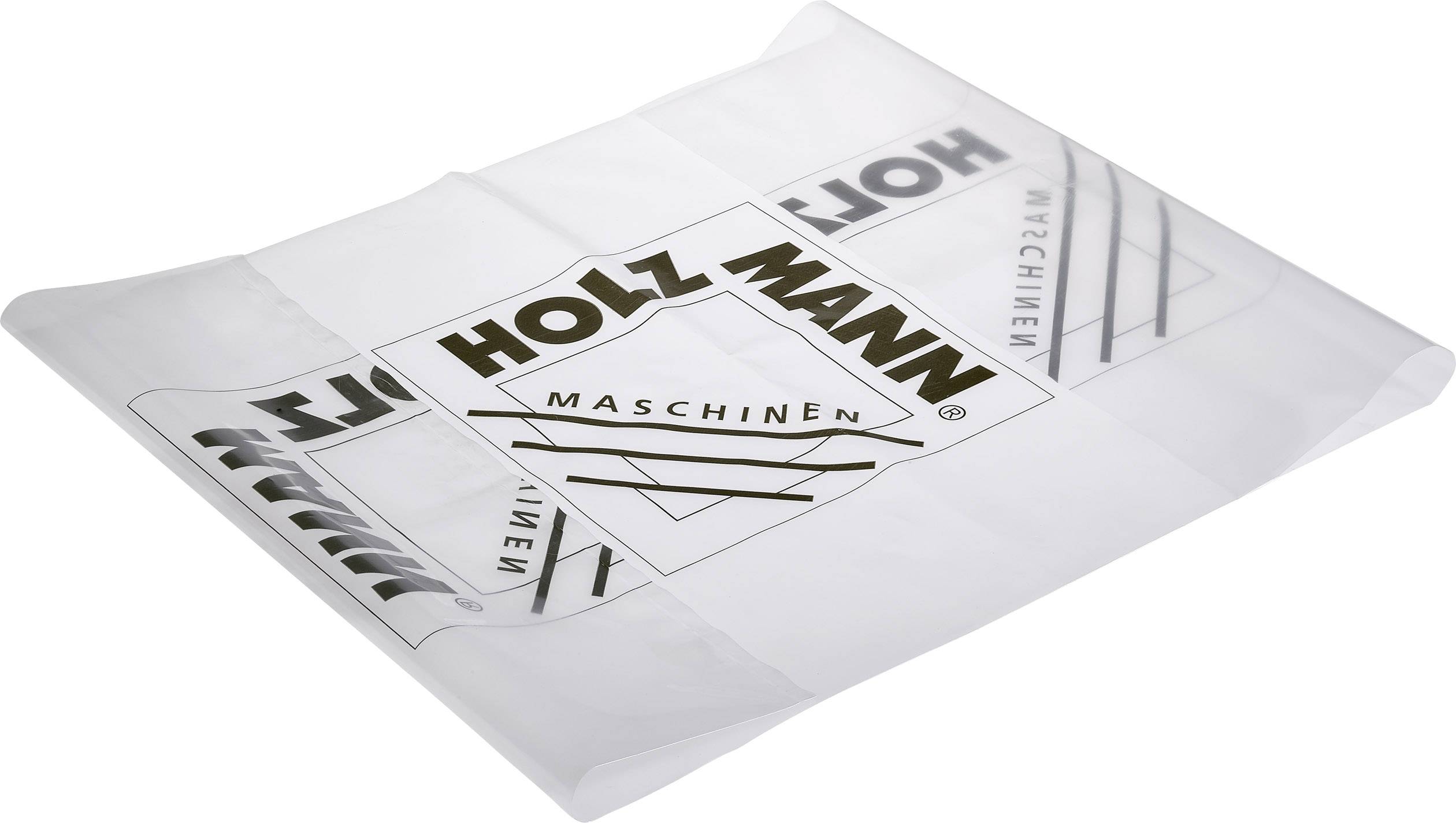 Transparent plastic bag with a black print of 'Holzmann Machines' and its logo visible.