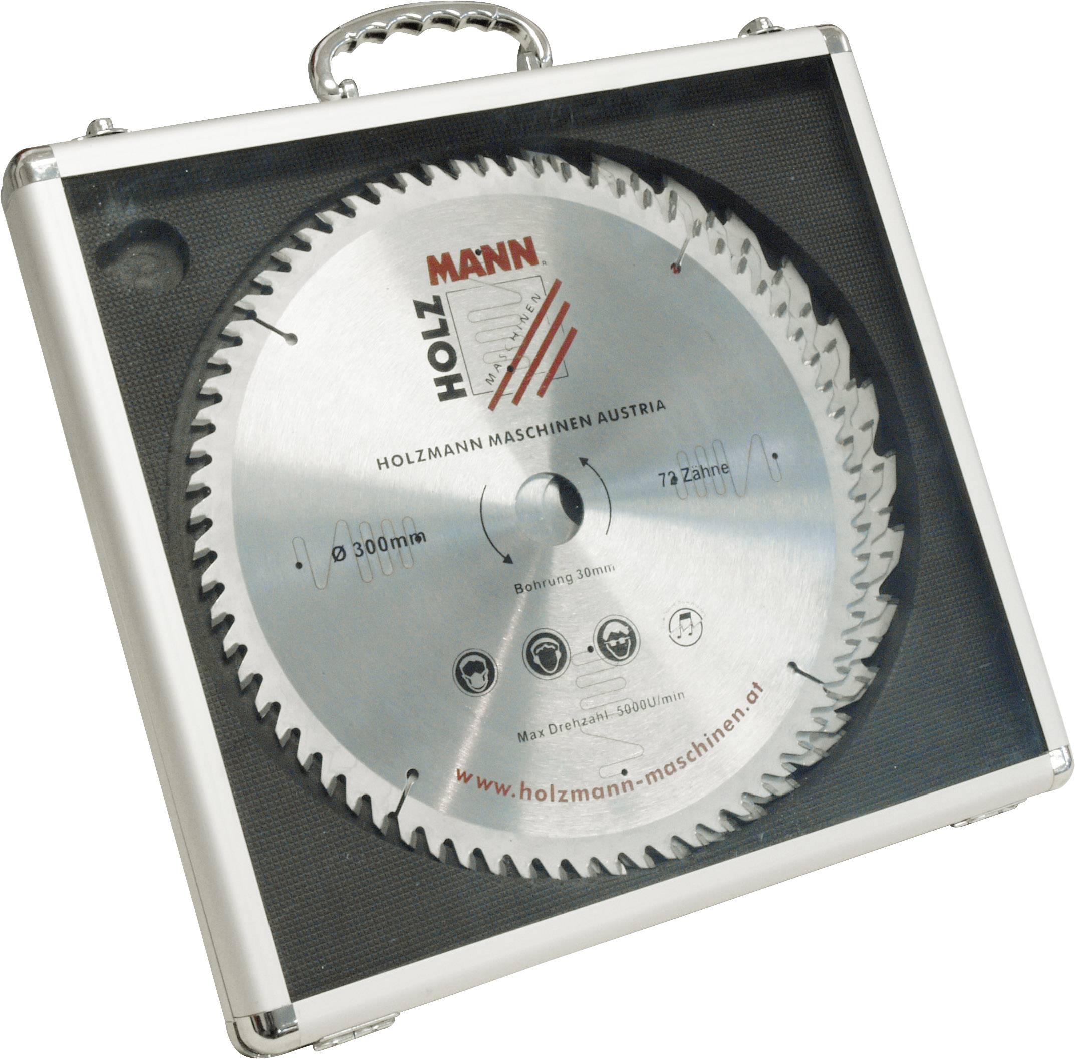Circular saw blade in a silver case. Text on the blade: 'Holzmann Machines Austria', diameter 300 mm, 72 teeth.
