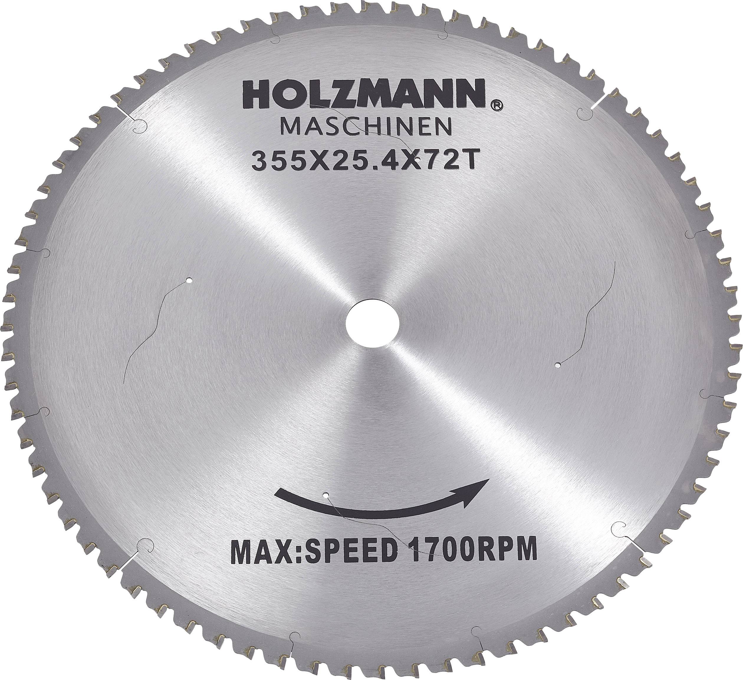 Circular saw blade with the inscription 'HOLZMANN MACHINES' and specifications '355X25.4X72T' and 'MAX SPEED 1700RPM'.
