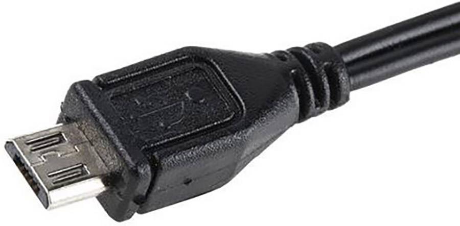 Black USB cable with micro-USB plug, typical charging and data cable, commonly used for smartphones and other devices.