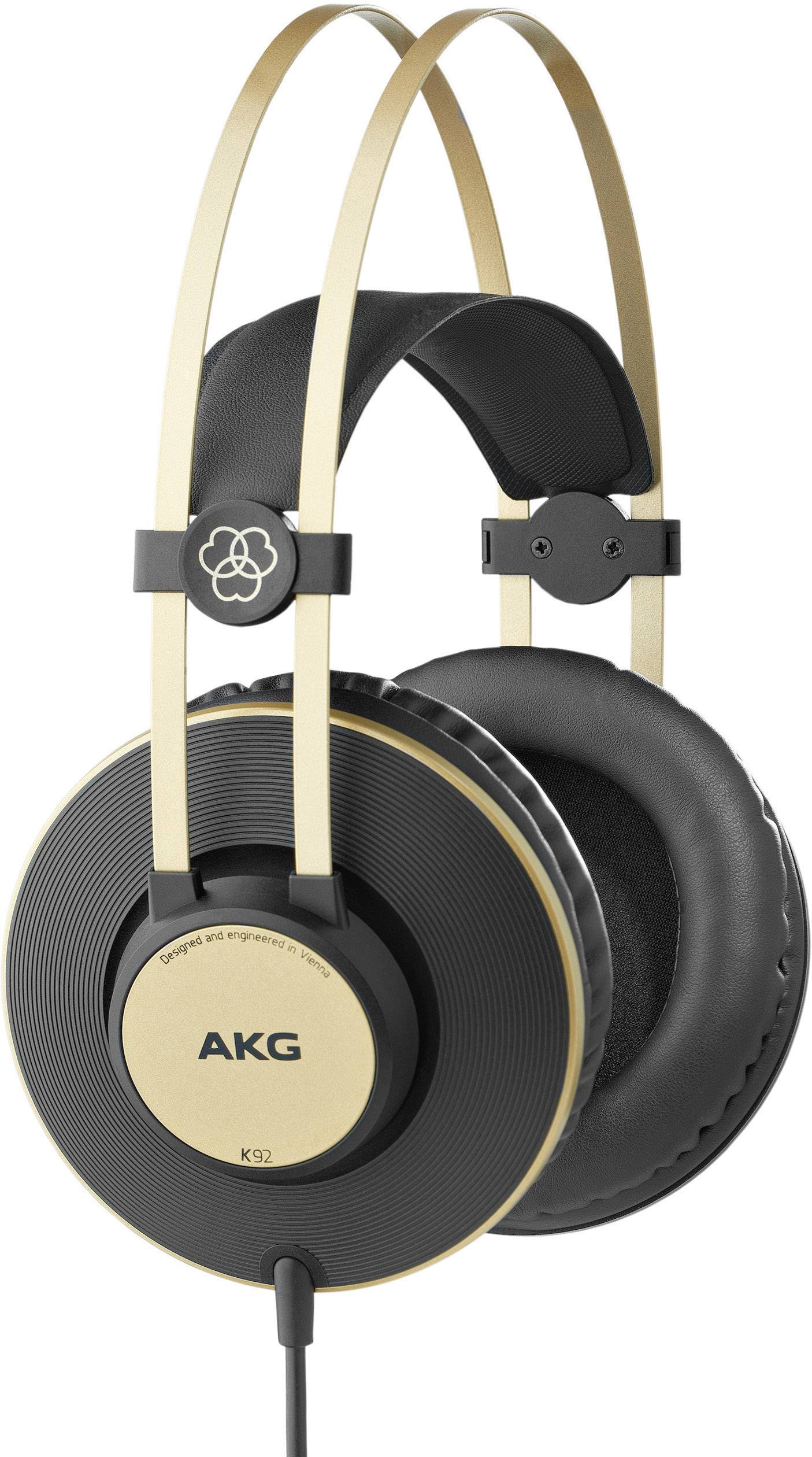Black and gold over-ear headphones by 'AKG', model K92, with padded headband and ear cups for a comfortable fit.