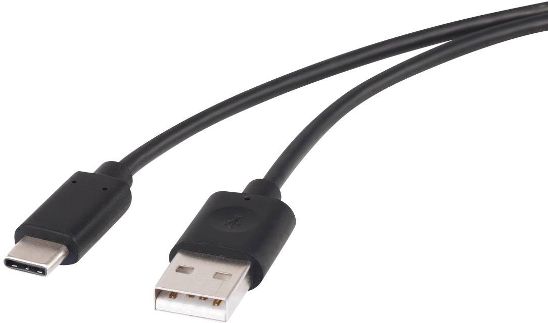 Two cables with USB plugs: on the left is a USB-C plug, on the right a conventional USB-A plug. Both are black and positioned side by side.