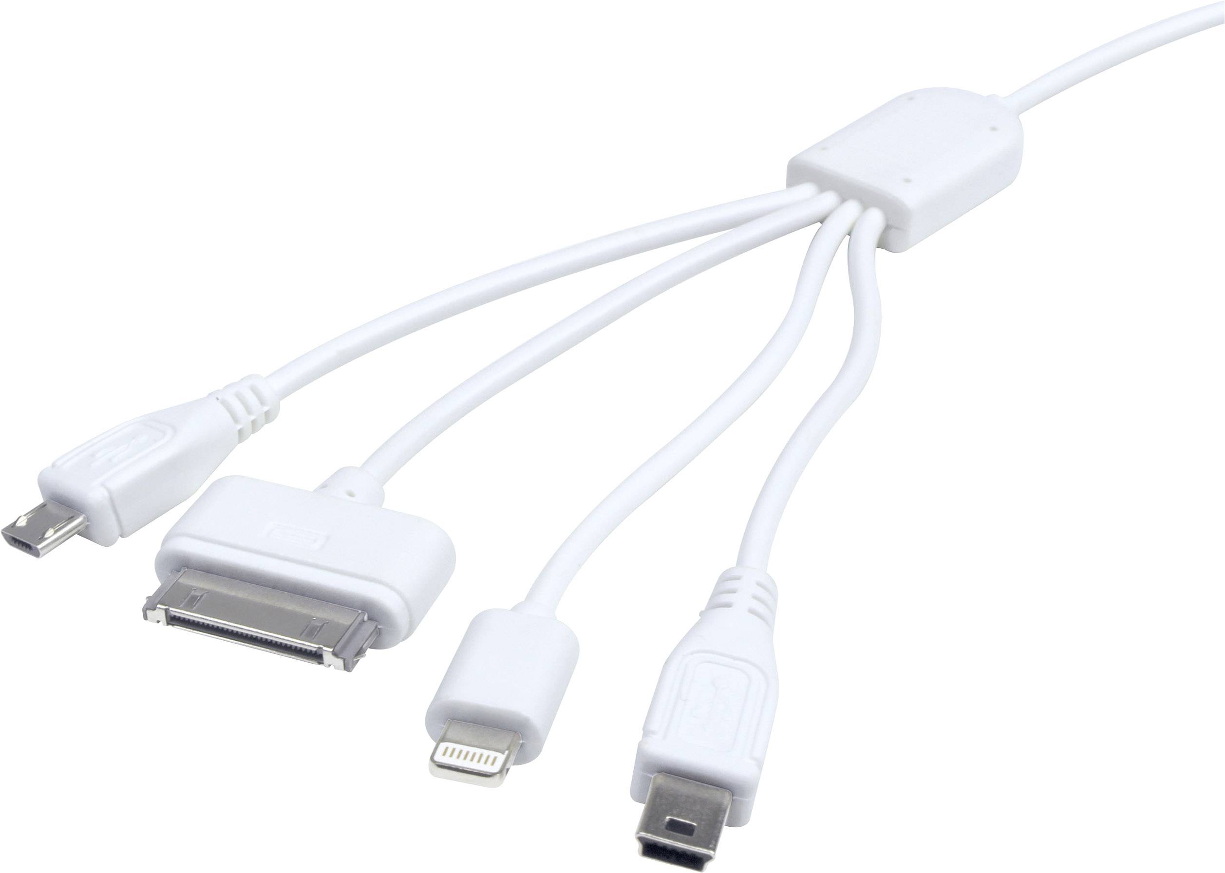 Multi-charging cable with plugs for Micro-USB, 30-pin, Lightning and Mini-USB, white. Ideal for charging various devices.