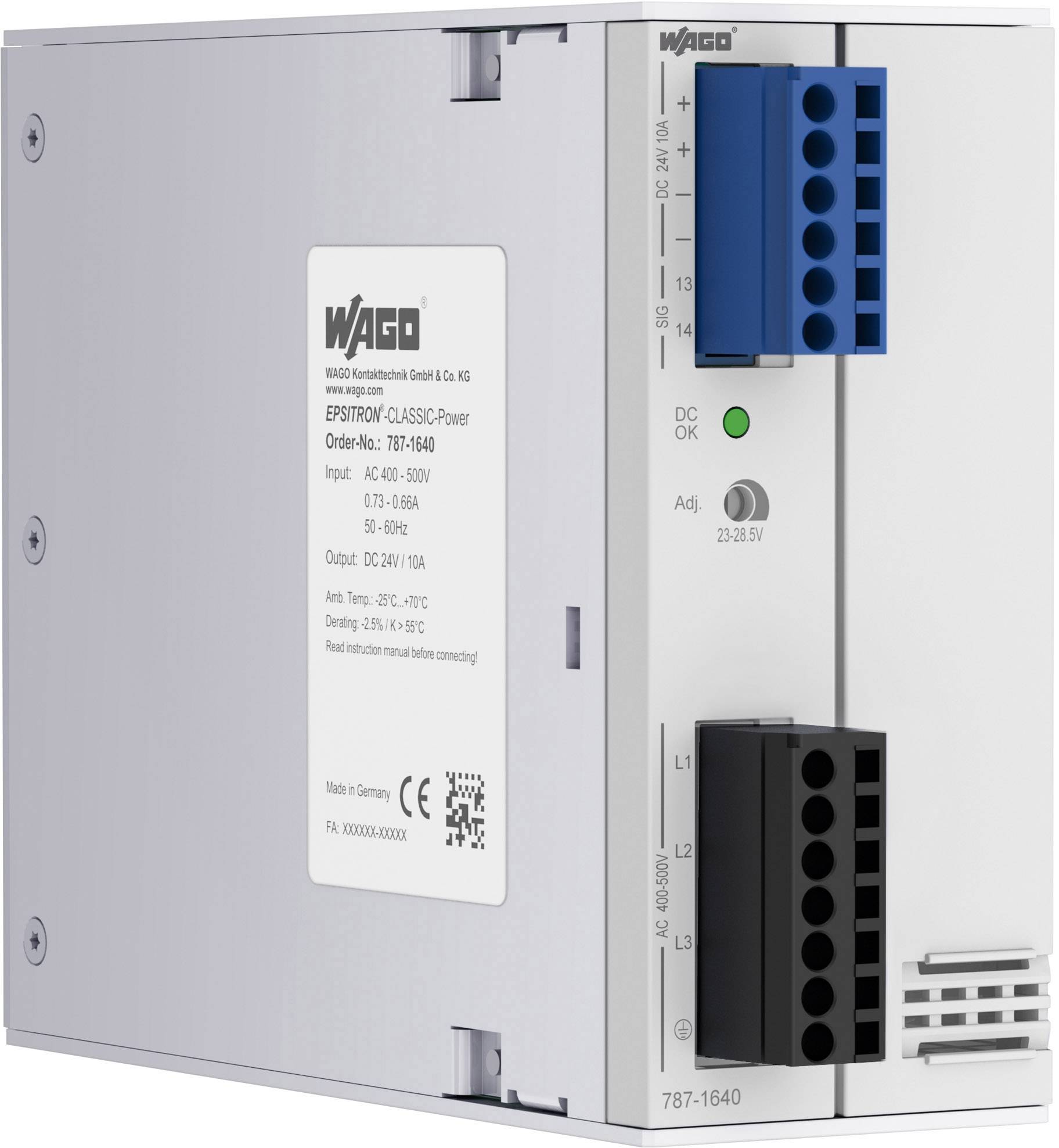 Power supply unit with specific markings: AC input 85-264V, DC output 24V/10A. Manufactured by WAGO.
