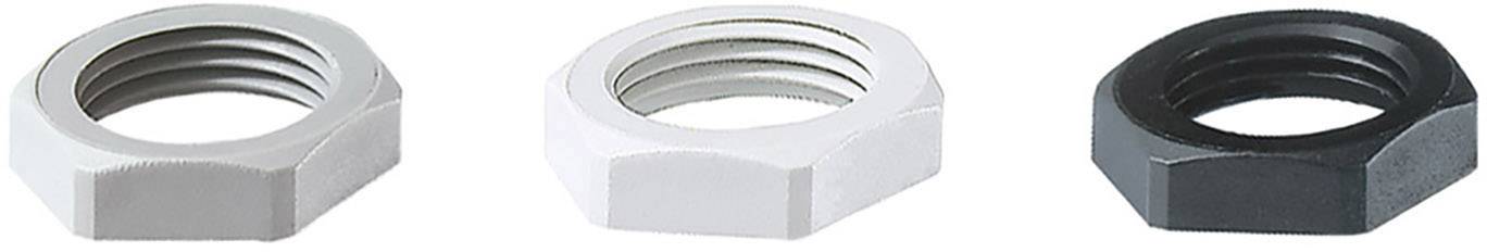 Three hexagonal nuts in different colours: white, light grey, and dark grey. They are positioned side by side on a white surface.