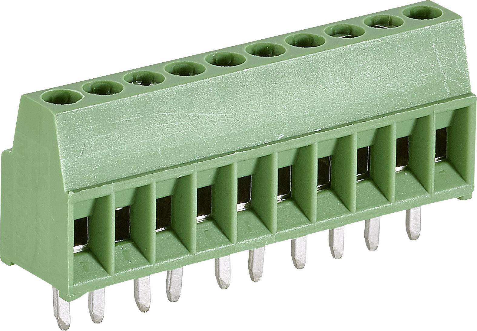 Green terminal block with multiple connection points and metal pins, for connecting electrical wires in electronic devices.