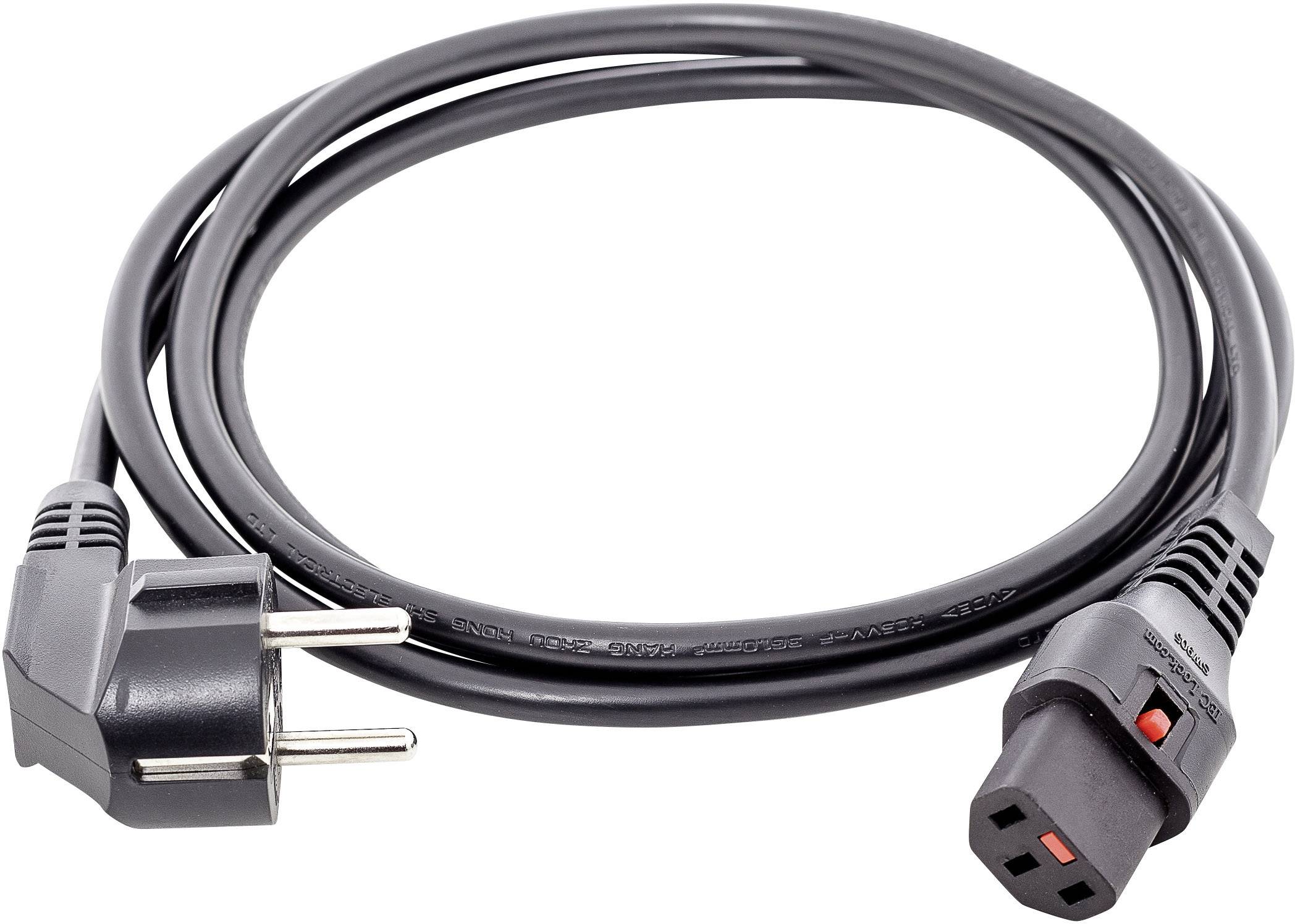 A black network cable, with a Schuko plug on the left and a cold device plug on the right, on a white background.