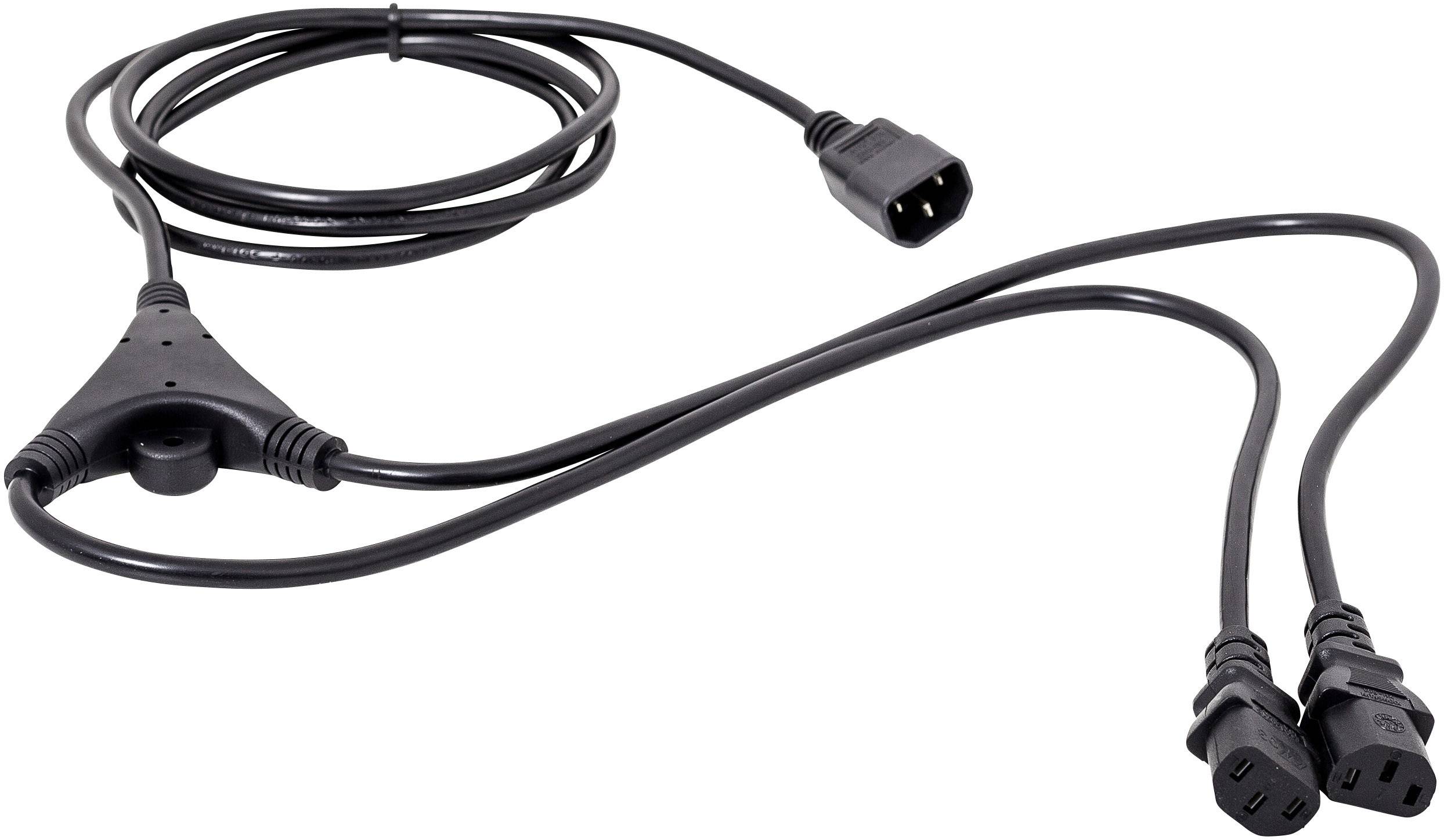 A Y-power cable that terminates in a plug socket and splits into two separate connections. Ideal for devices with double power requirements.