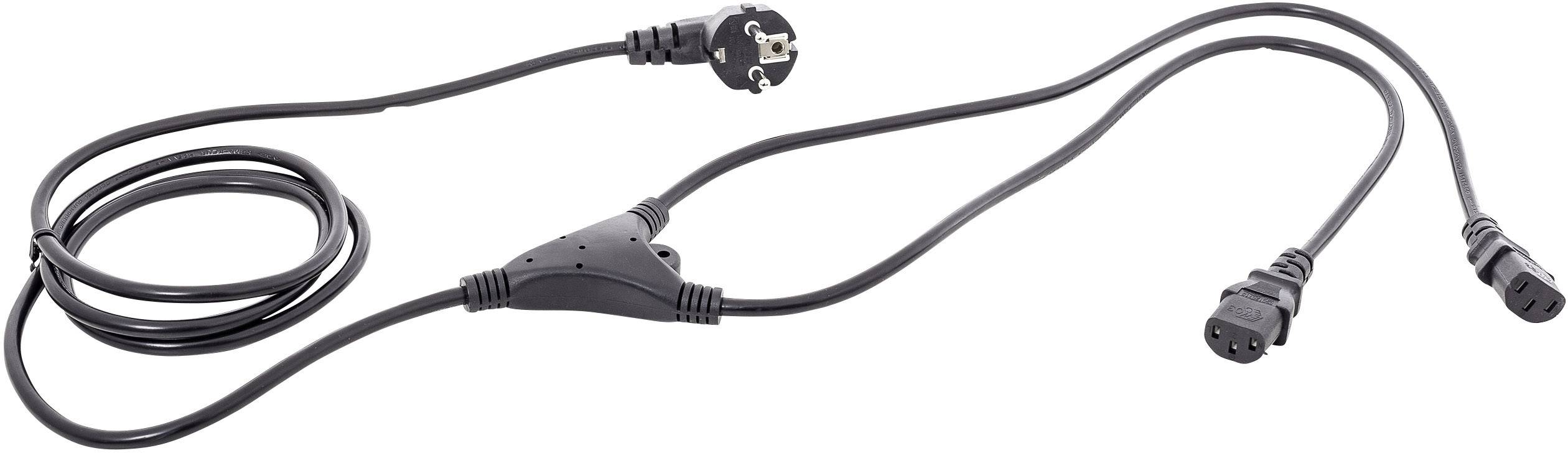 A black power cable with a European plug and two IEC connectors for simultaneously connecting multiple devices to a power source.
