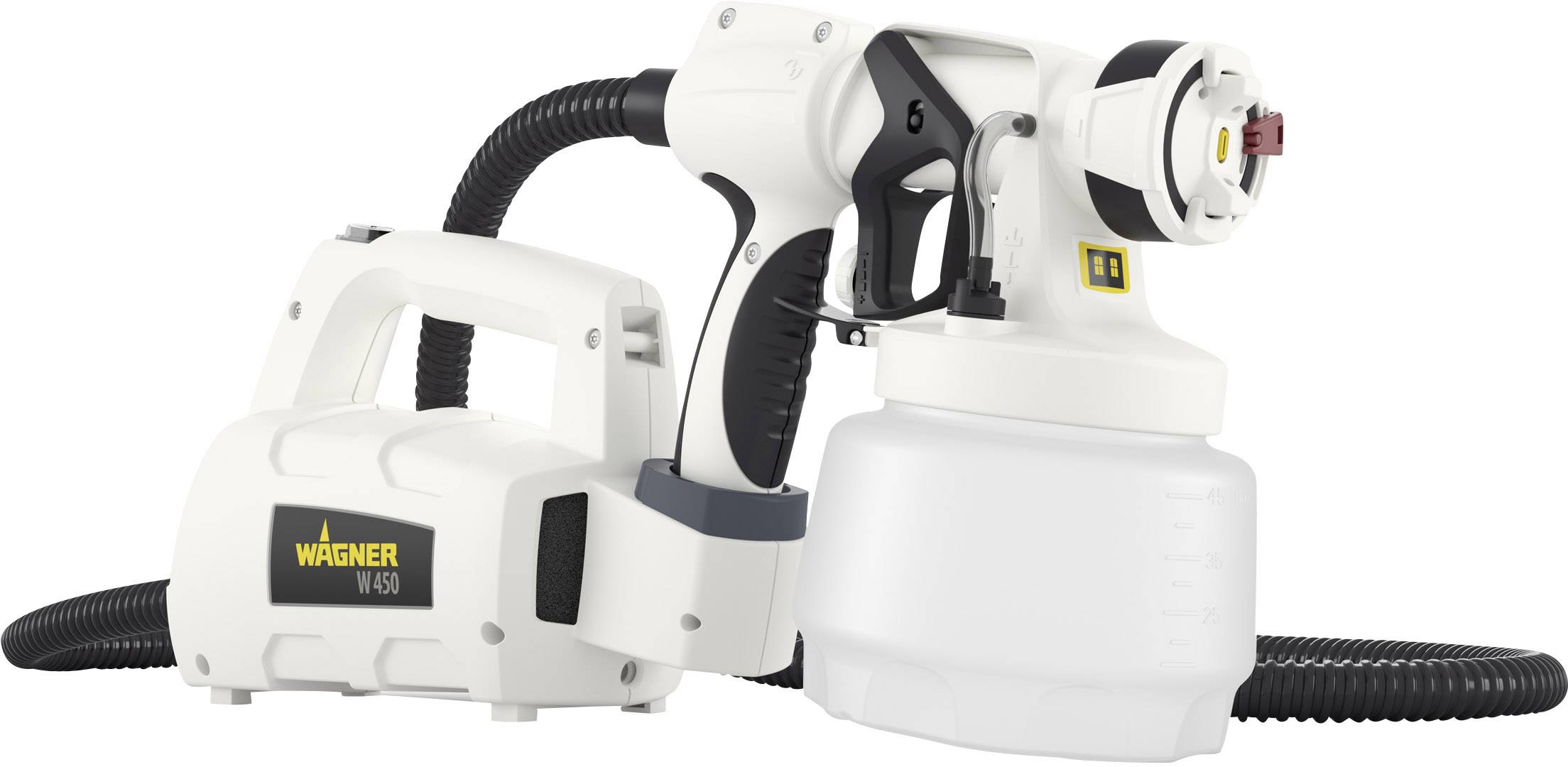 The image shows a white Wagner paint sprayer with a removable paint container and a flexible hose.