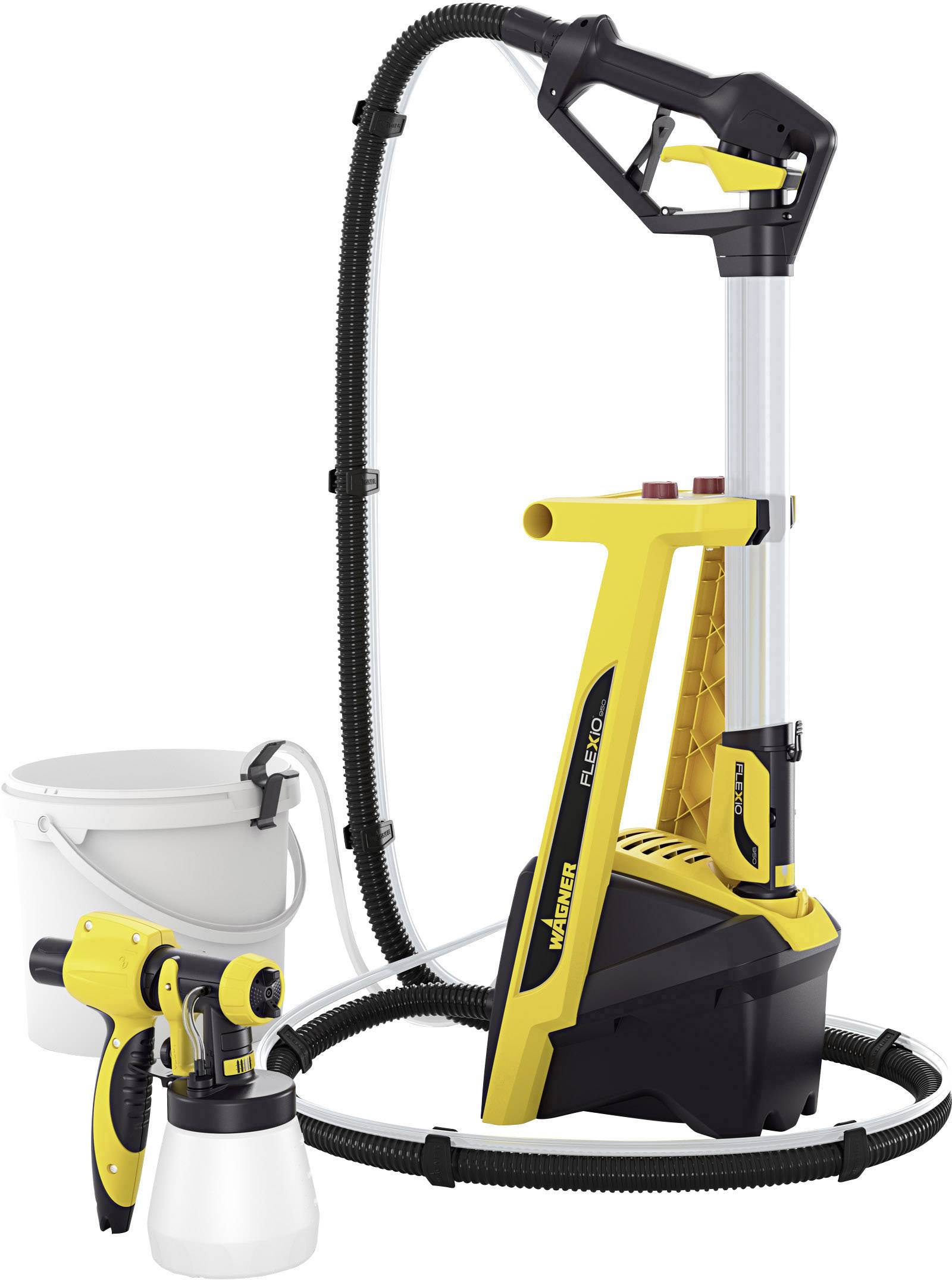 Mobile colour spray system with spray gun, hoses and bucket, ideal for quick, even application of paint on large surfaces.