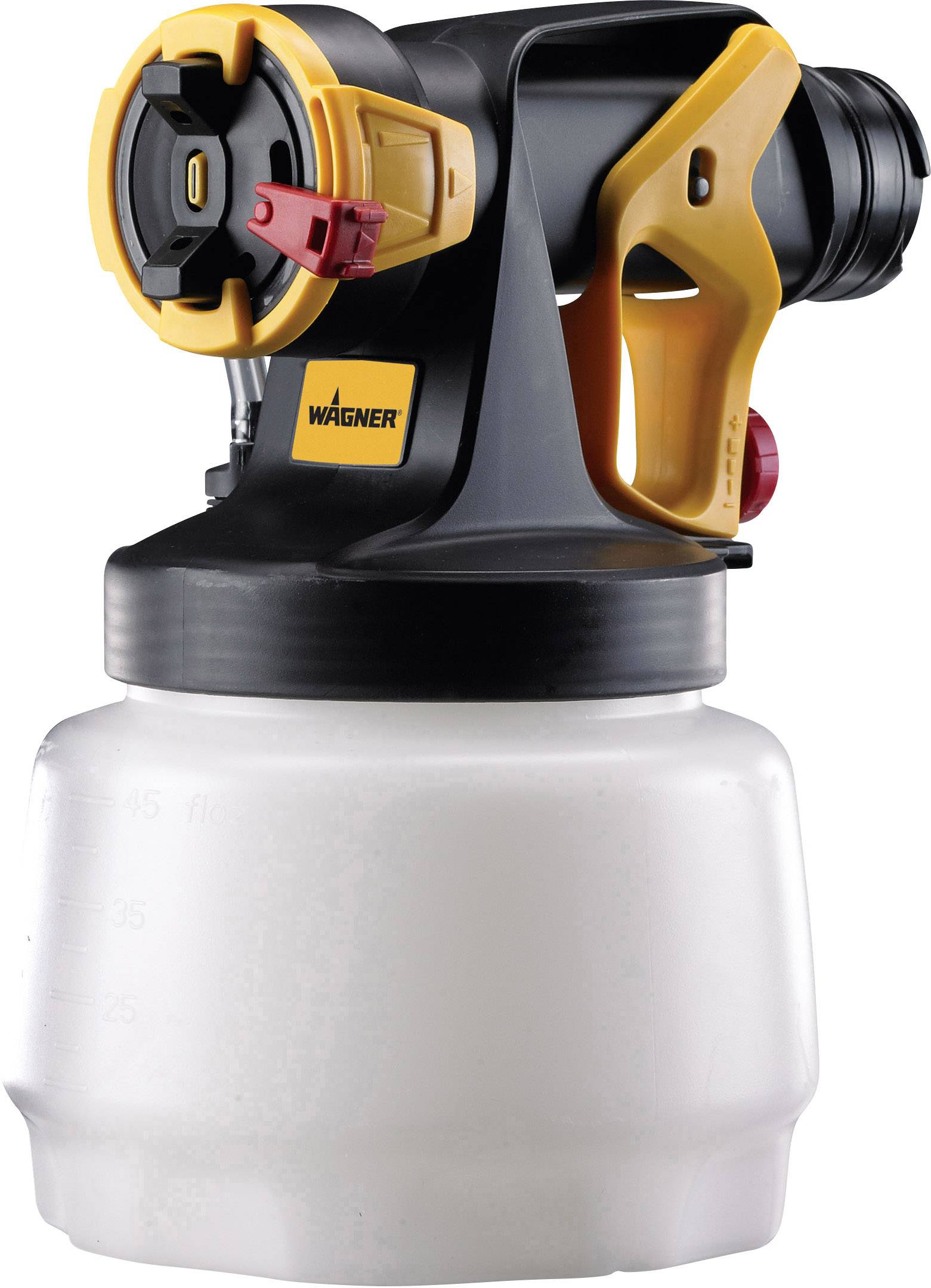 Paint or lacquer spray gun with large white paint container and yellow handle. 'Wagner' brand name visible on the front.