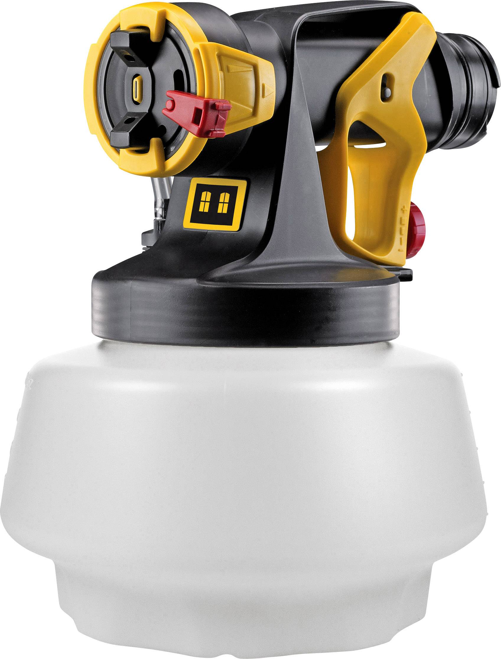 A portable colour spray device with a yellow and black casing and a transparent paint container underneath. Ideal for applying paint evenly.