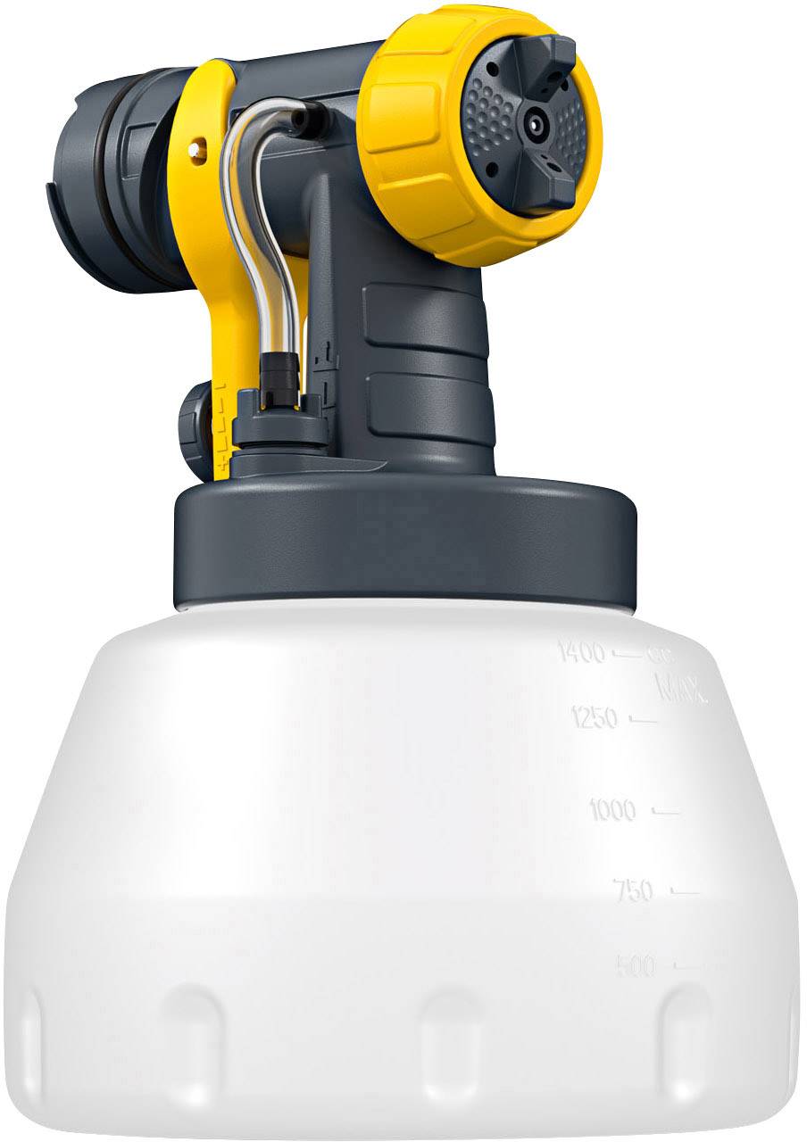 Spray gun with yellow and black details and a large, white liquid container, suitable for gardening or DIY work.