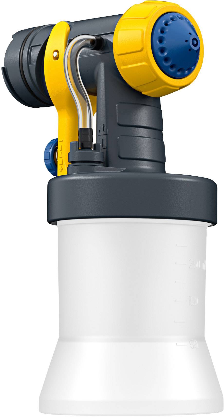 Grey and yellow garden spray head with white container, suitable for plant watering and outdoor cleaning.