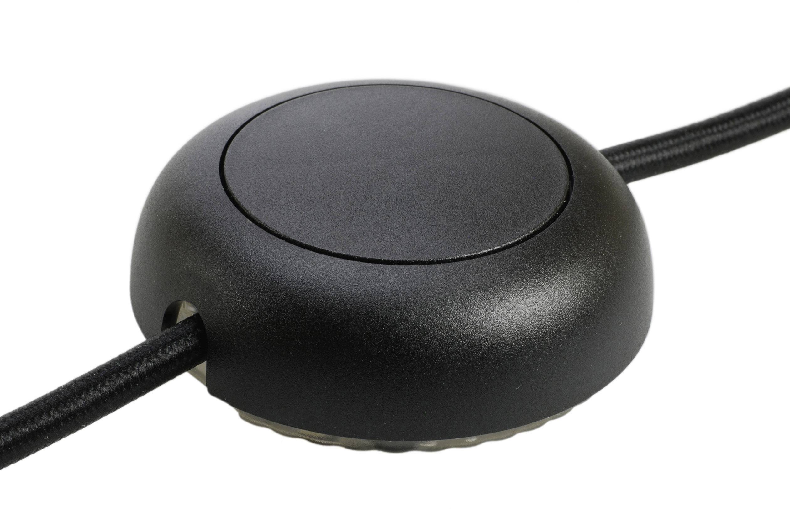 Black round foot switch with short cable, suitable for lamps or electrical appliances.