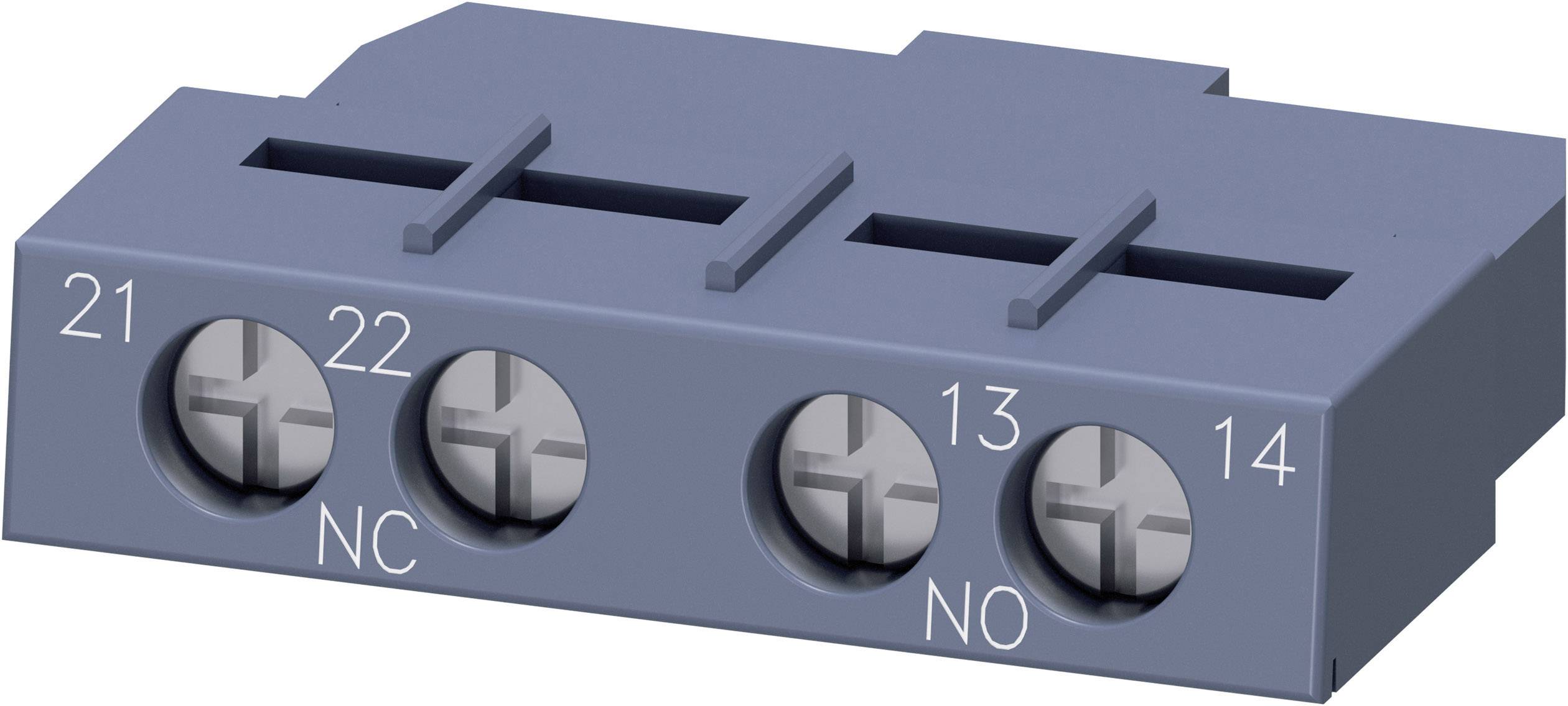 A blue terminal block with screw connections, numbered from 21 to 22 and 13 to 14, describes the switching states 'NC' and 'NO'.