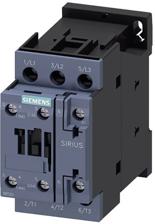 A blue Siemens contactor from the SIRIUS series with three main contacts and control terminals. Usage: Switching electrical loads.