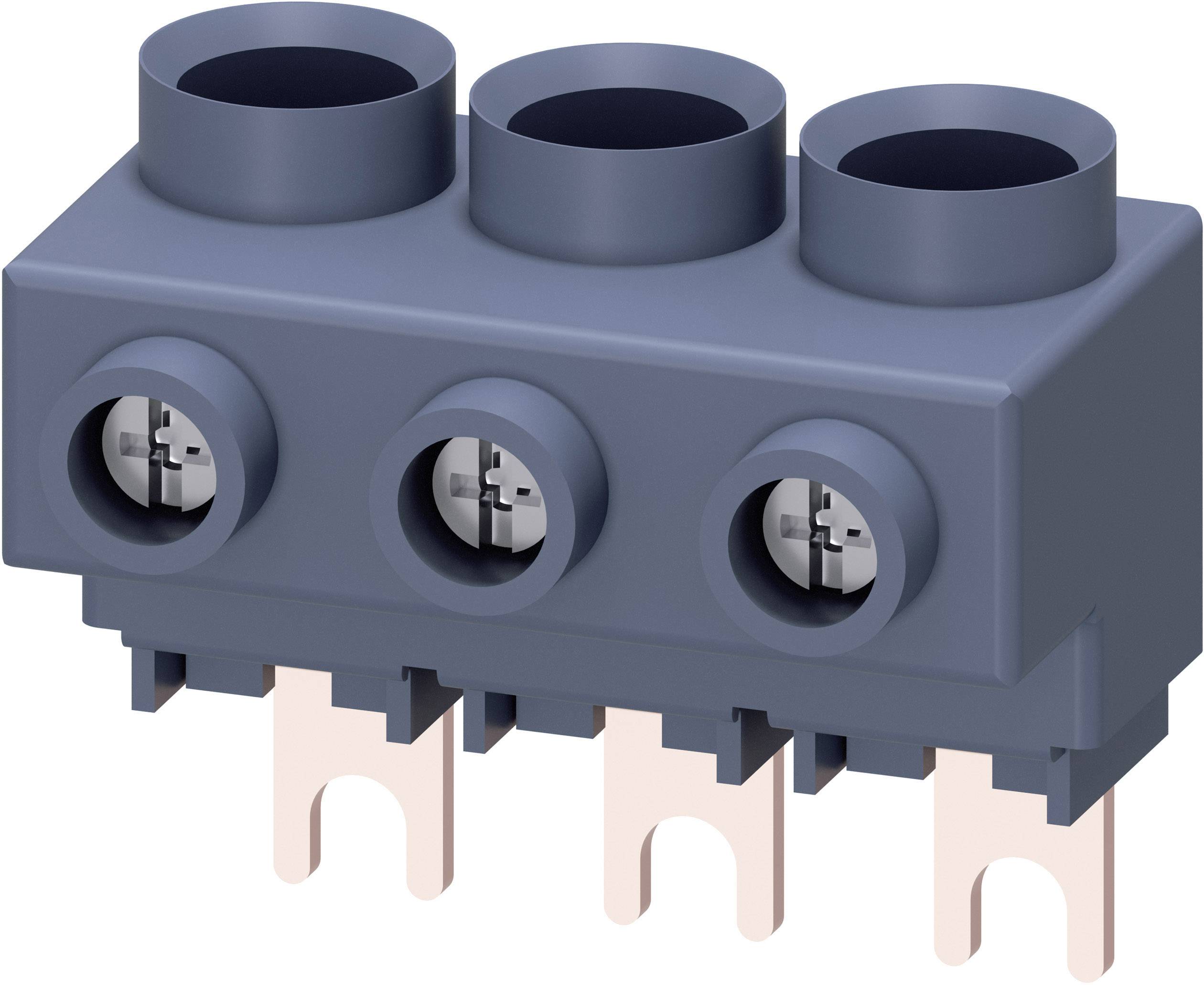 A grey, triple connector with three round openings and three golden contact pins beneath. Used for electrical connections.