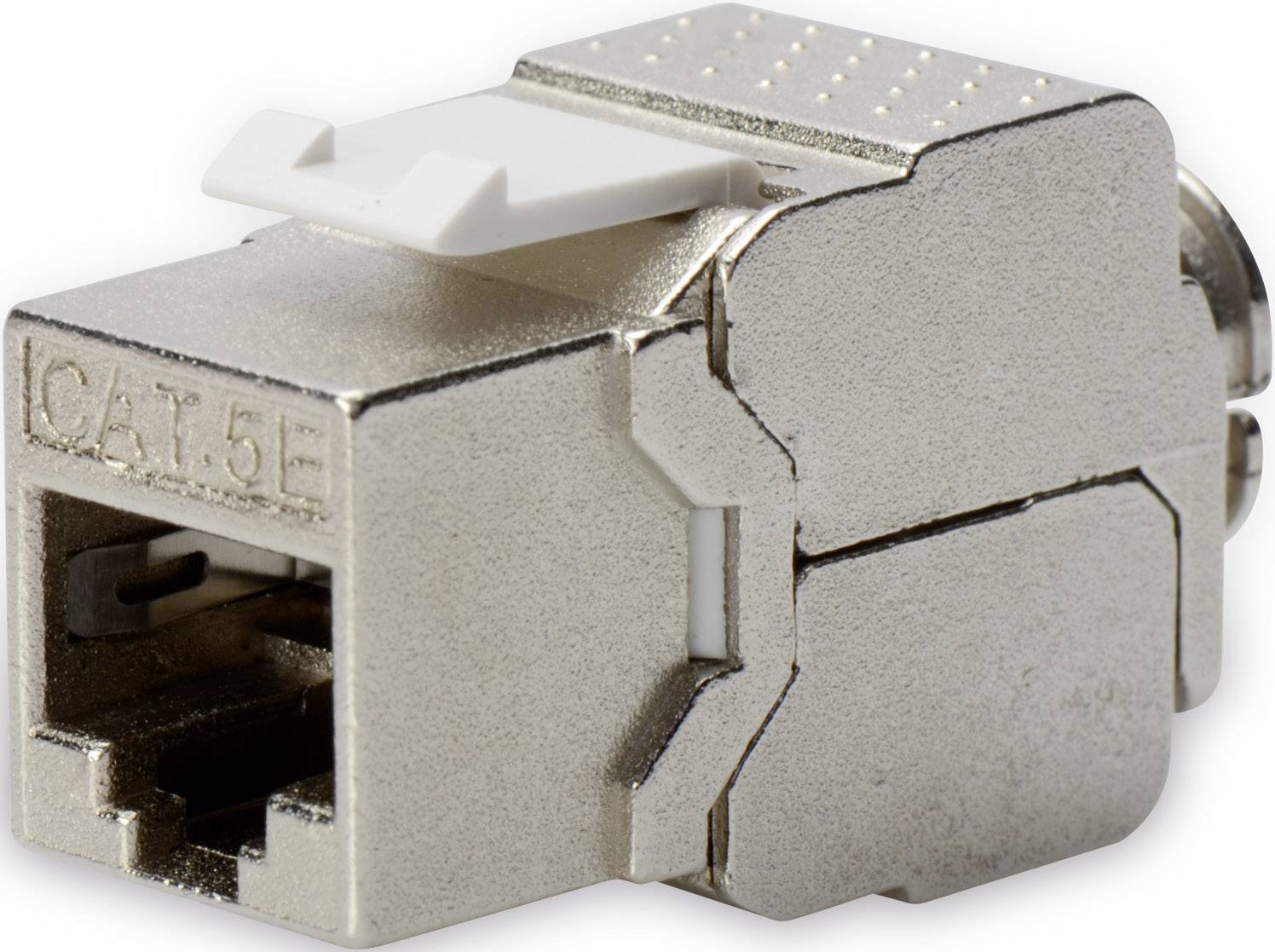 A metal network plug for Category 5e cables, with a white release tab. Suitable for Ethernet connections.