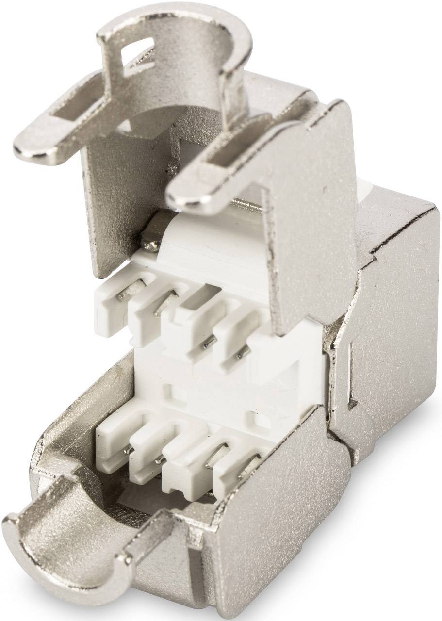 A metal RJ45 plug, partially opened, reveals the internal plastic connectors, suitable for network installations.
