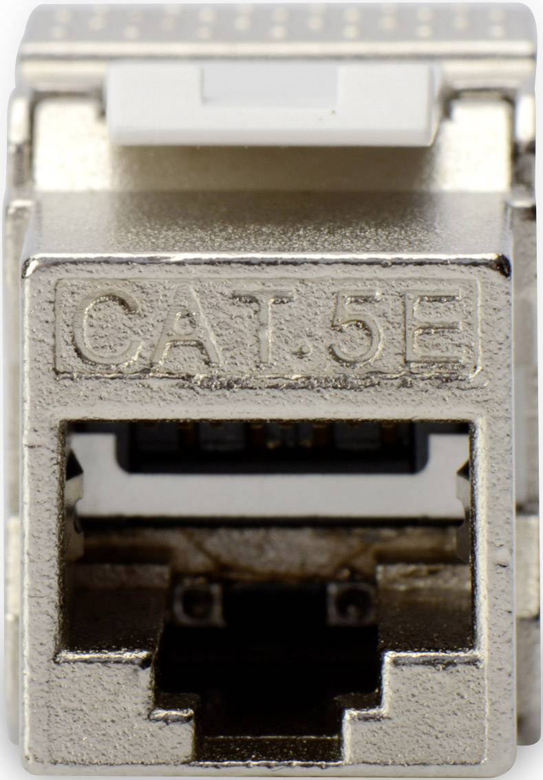 A CAT 5E network plug made of metal, shown in close-up. Suitable for Ethernet cabling, displaying the inscription 'CAT.5E'.