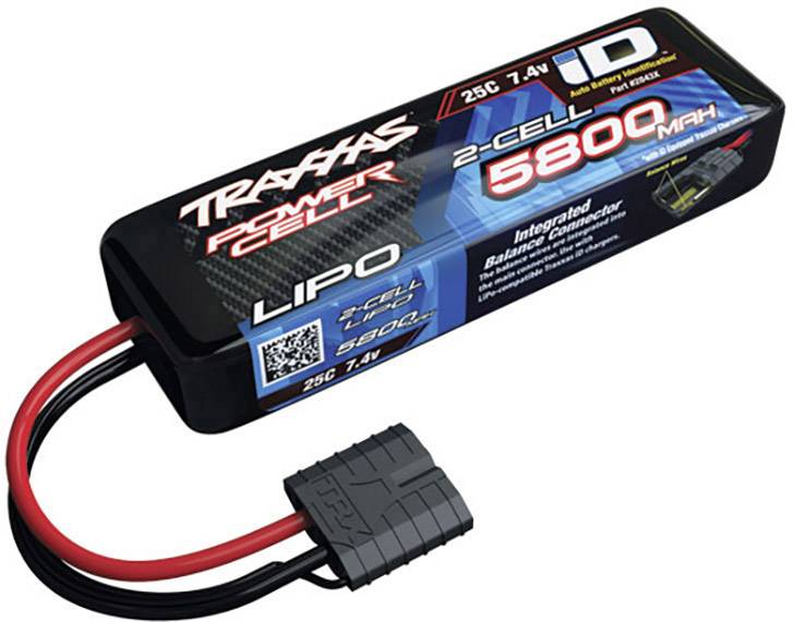A LiPo battery with the label 'Traxxas Power Cell 2-Cell 5800mAh 25C 7.4V' and integrated balance connector, with cables.