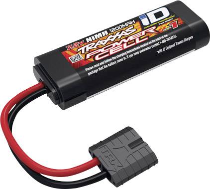 A black rechargeable NiMH battery with red and black cables and a grey connector plug. Brand logo and specifications printed on the battery.