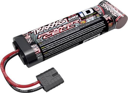 A rectangular, black battery with red and black cable. Inscription: 'TRAXXAS Power Cell NiMH 3000.'