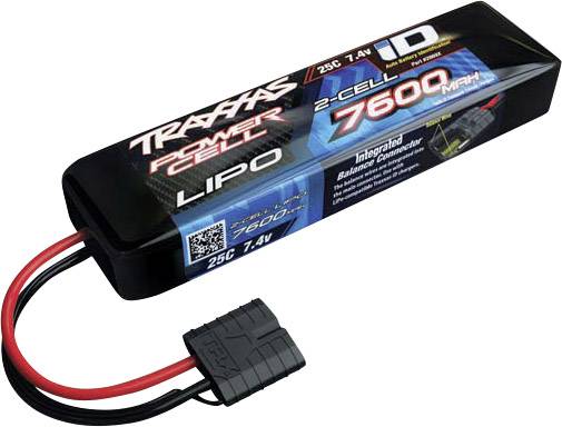 Traxxas LiPo battery with a capacity of 7600mAh, 2-cell, 7.4V; black packaging with connectors and label.