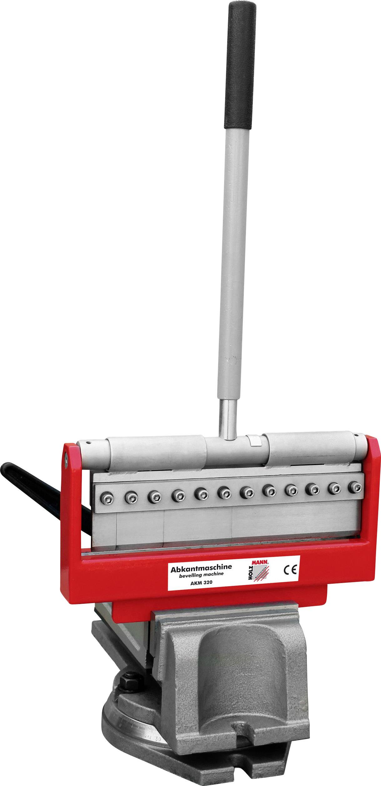 A red press brake with lever and vice, suitable for bending metal sheets. CE marking visible.