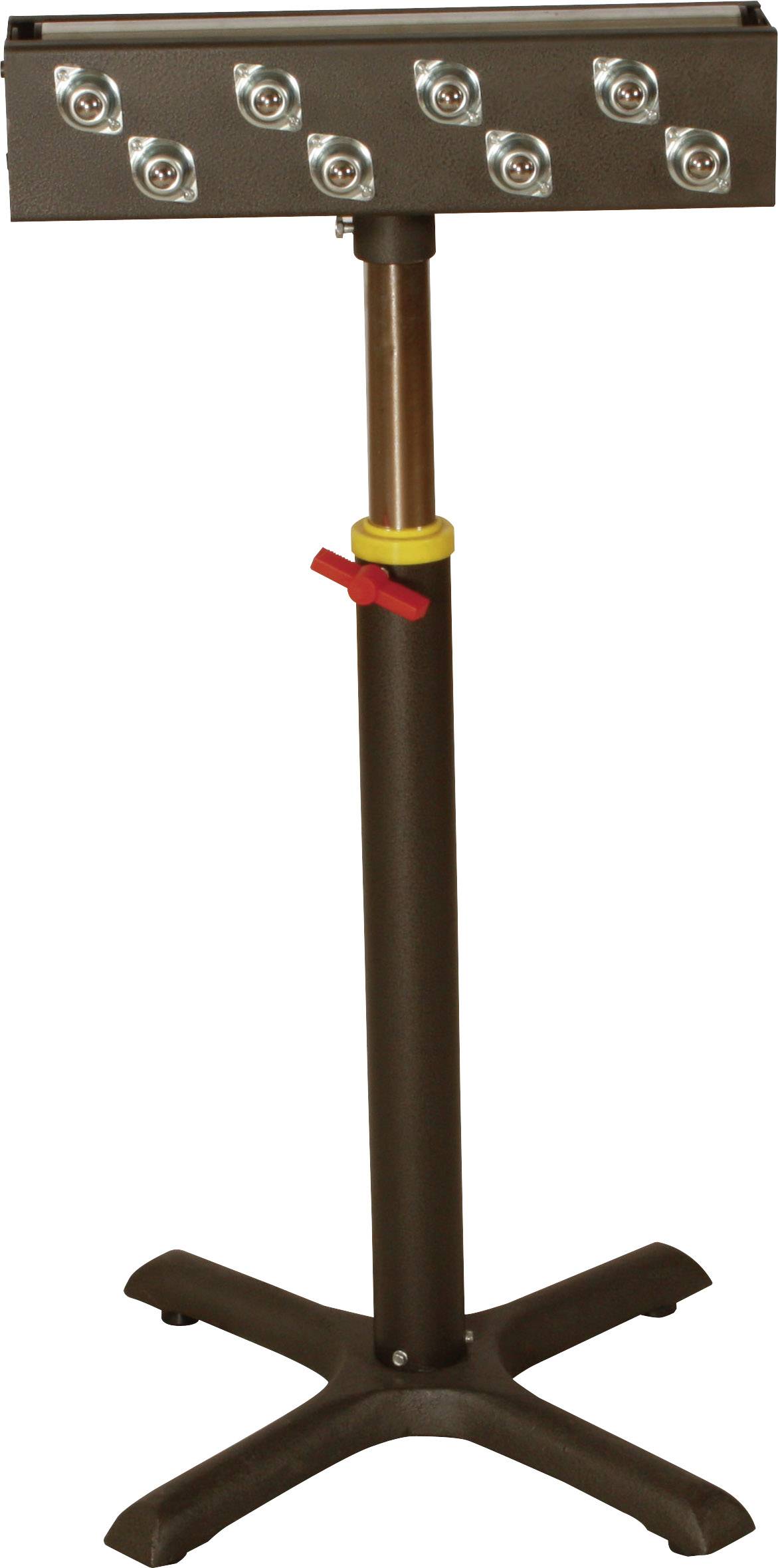 A brown electric heater on an adjustable stand with multiple heating lamps on the top surface.