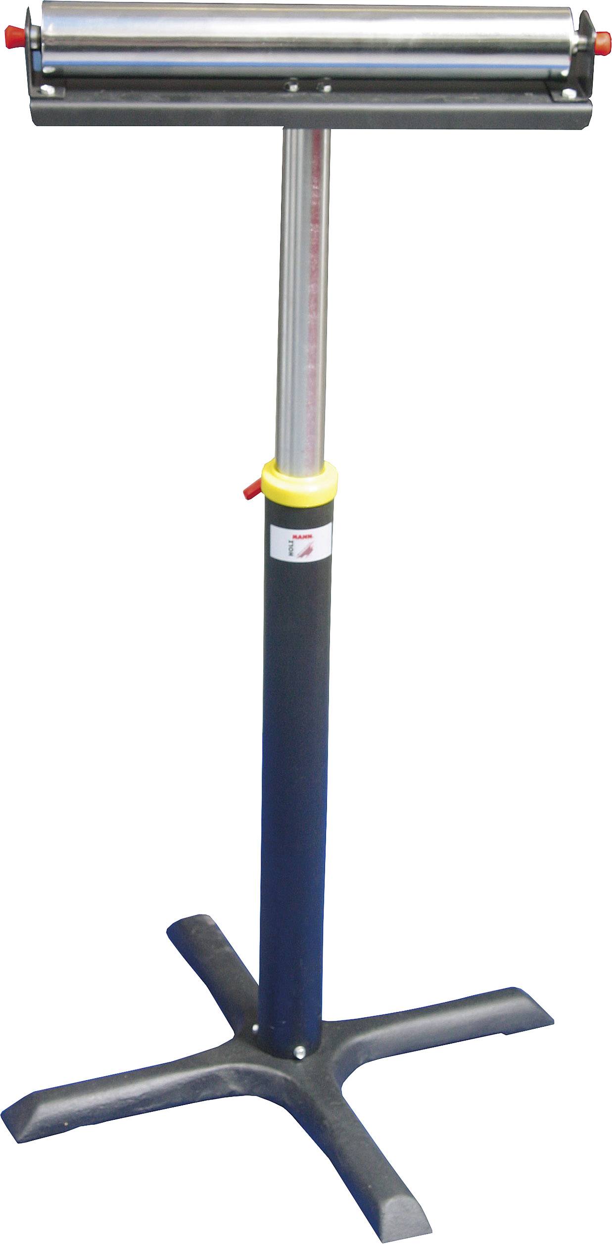 A freestanding, height-adjustable paper roll dispenser with a sturdy steel base and handles on the side of the roll, suitable for packaging work.