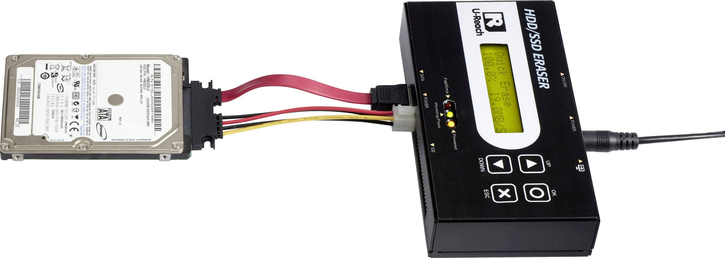 A hard drive/SSD erasure device is connected to an internal hard drive. The display shows the erasure status.