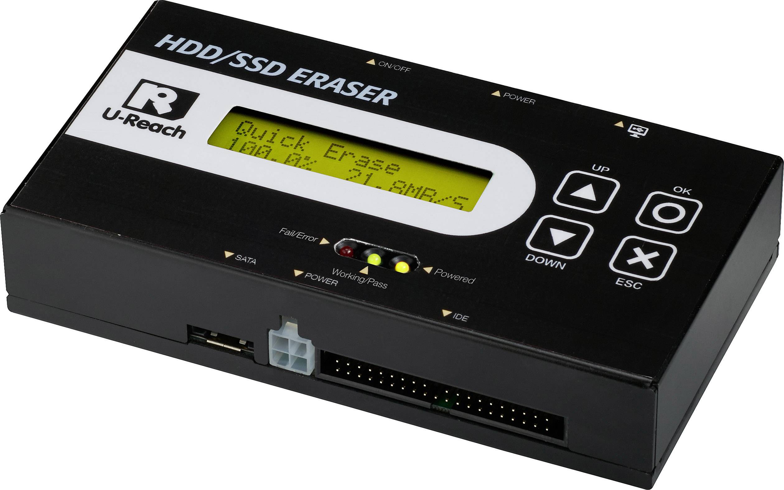 A hard drive/SSD erasure device with a digital display and multiple buttons for operation. It displays 'Quick Erase 10GB' on the screen.