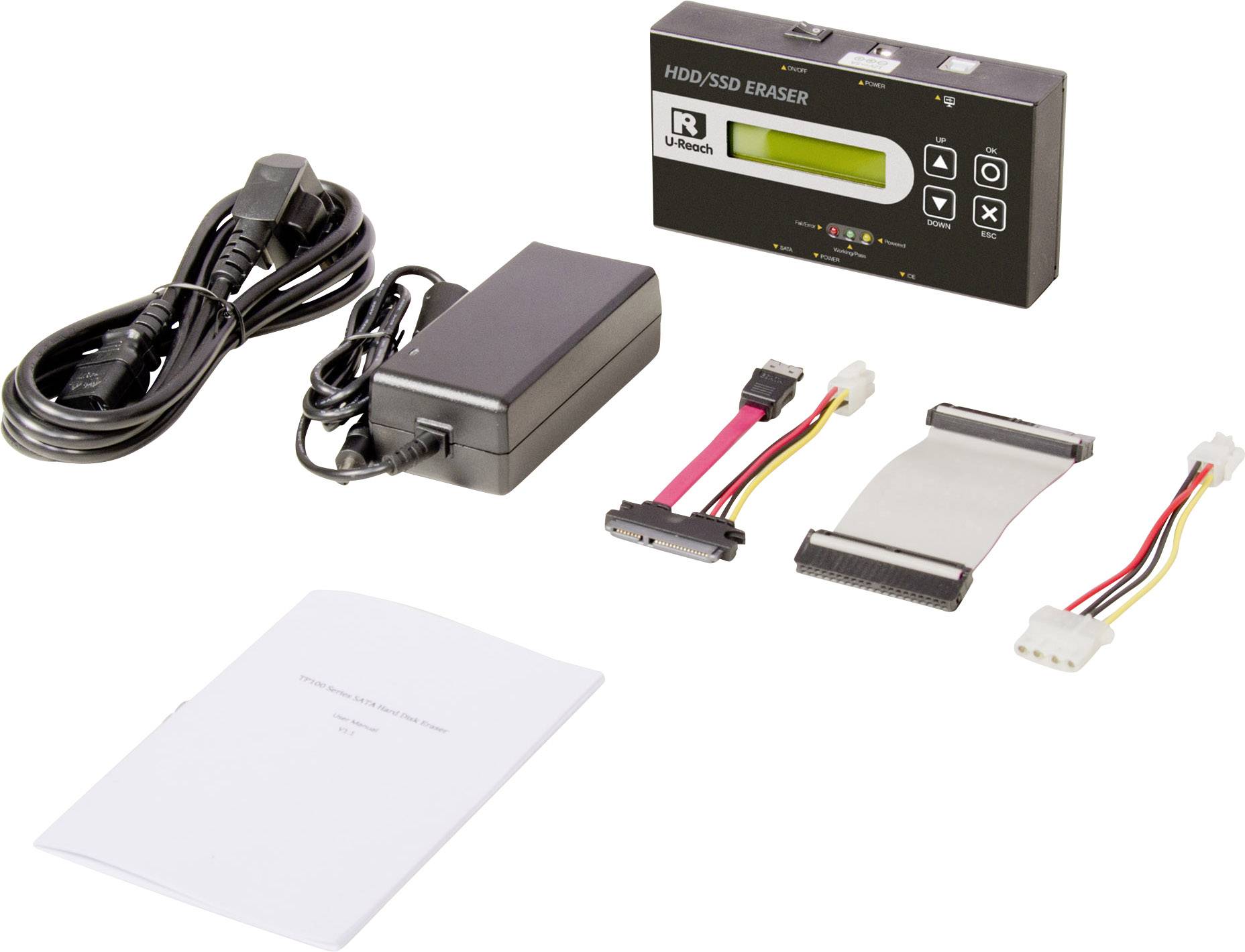 A hard drive/SSD erasure device with power supply, connection cables and manual for secure data deletion of hard drives.