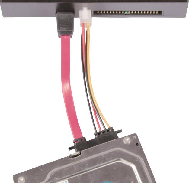 A SATA cable connects a hard drive with an upper slot. The hard drive's casing is partially visible.