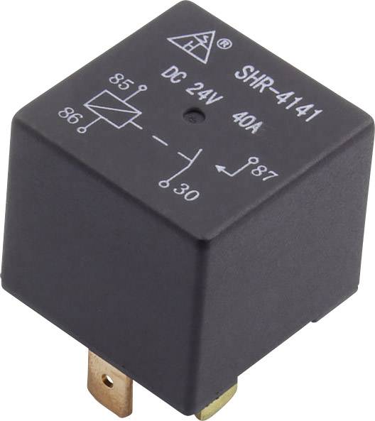 Black electromechanical relay with inscription 'SHR-4141', 'DC 24V 40A', shows circuit diagram symbol with terminals 85, 86, 30, 87.