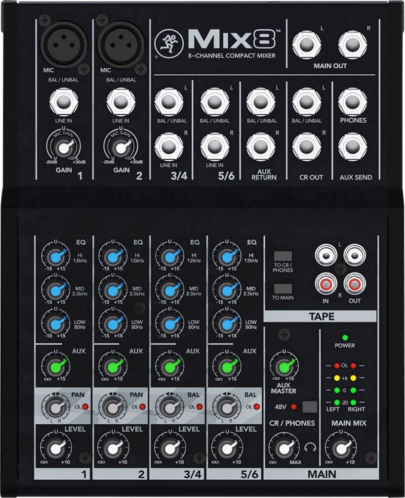 Mixing desk Mix8 with 8 channels, controls for volume, treble, bass, and pan. Main output, tape section, and auxiliary connections visible.