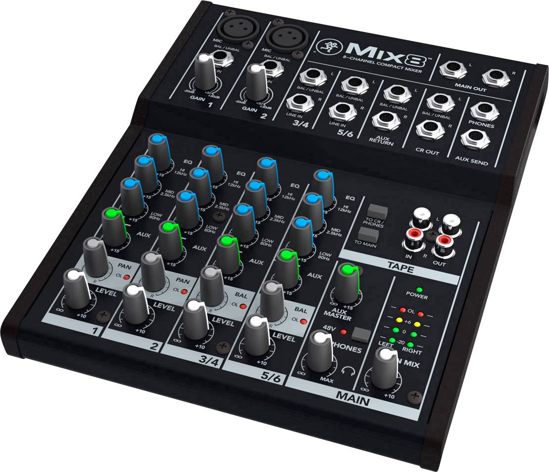 A mixing desk with multiple faders and connections. Markings indicate channels and functions such as 'Main Out', 'Tape' and 'Aux Send'.