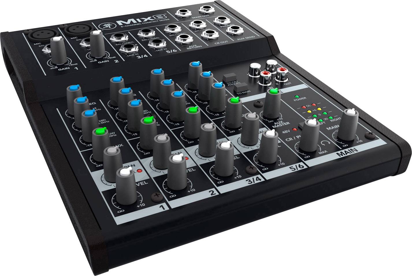 An audio mixing desk with multiple rotary knobs and faders for controlling sound channels, featuring buttons in different colours to indicate various functions.
