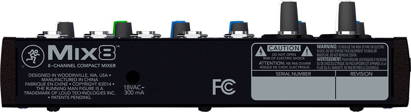 'Mix8' mixing desk rear panel with multiple audio connections and control elements. Contains warning notices and serial number range.