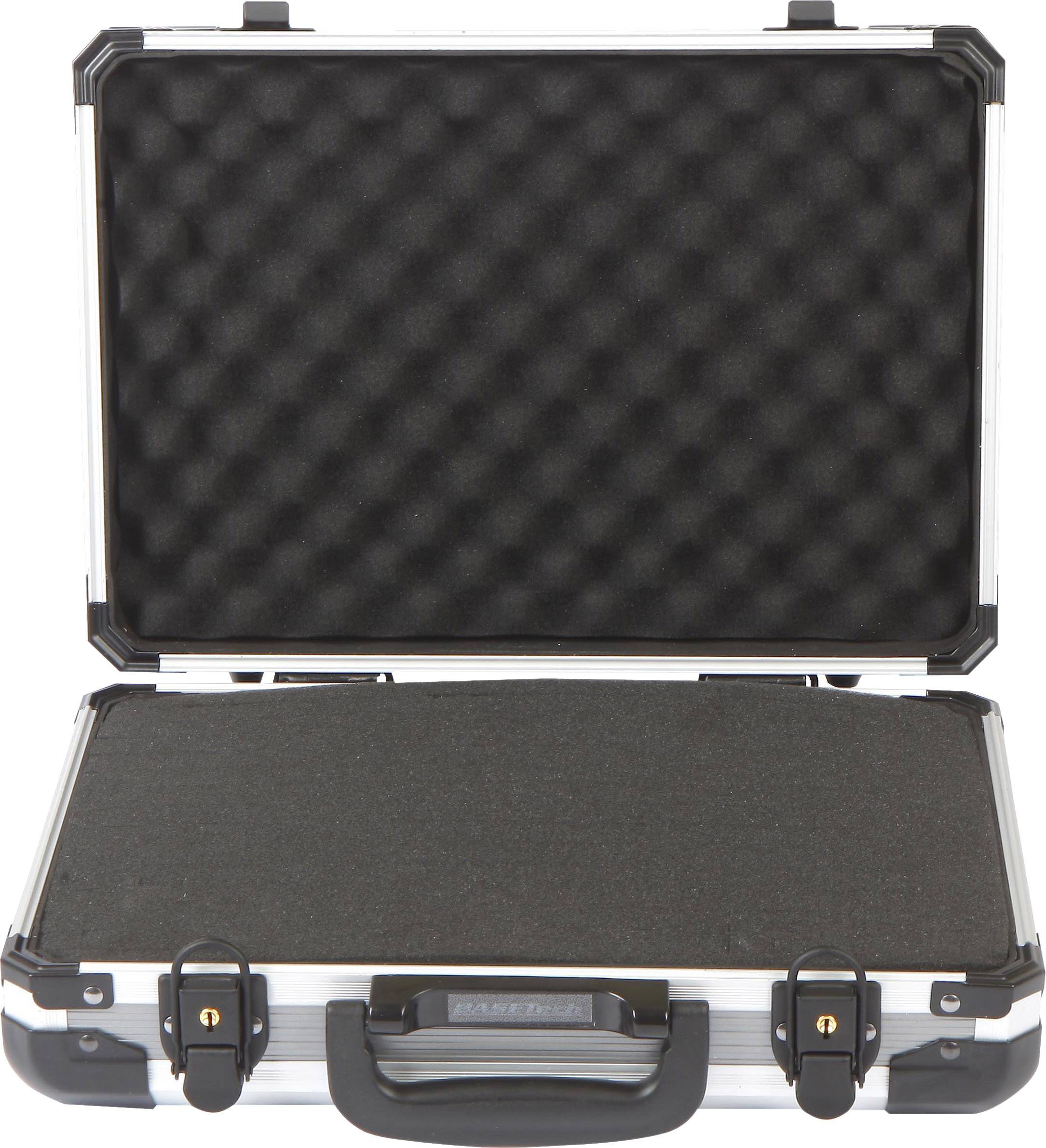 An open silver hard-shell case with a black foam interior lining. The case has two snap locks at the front.